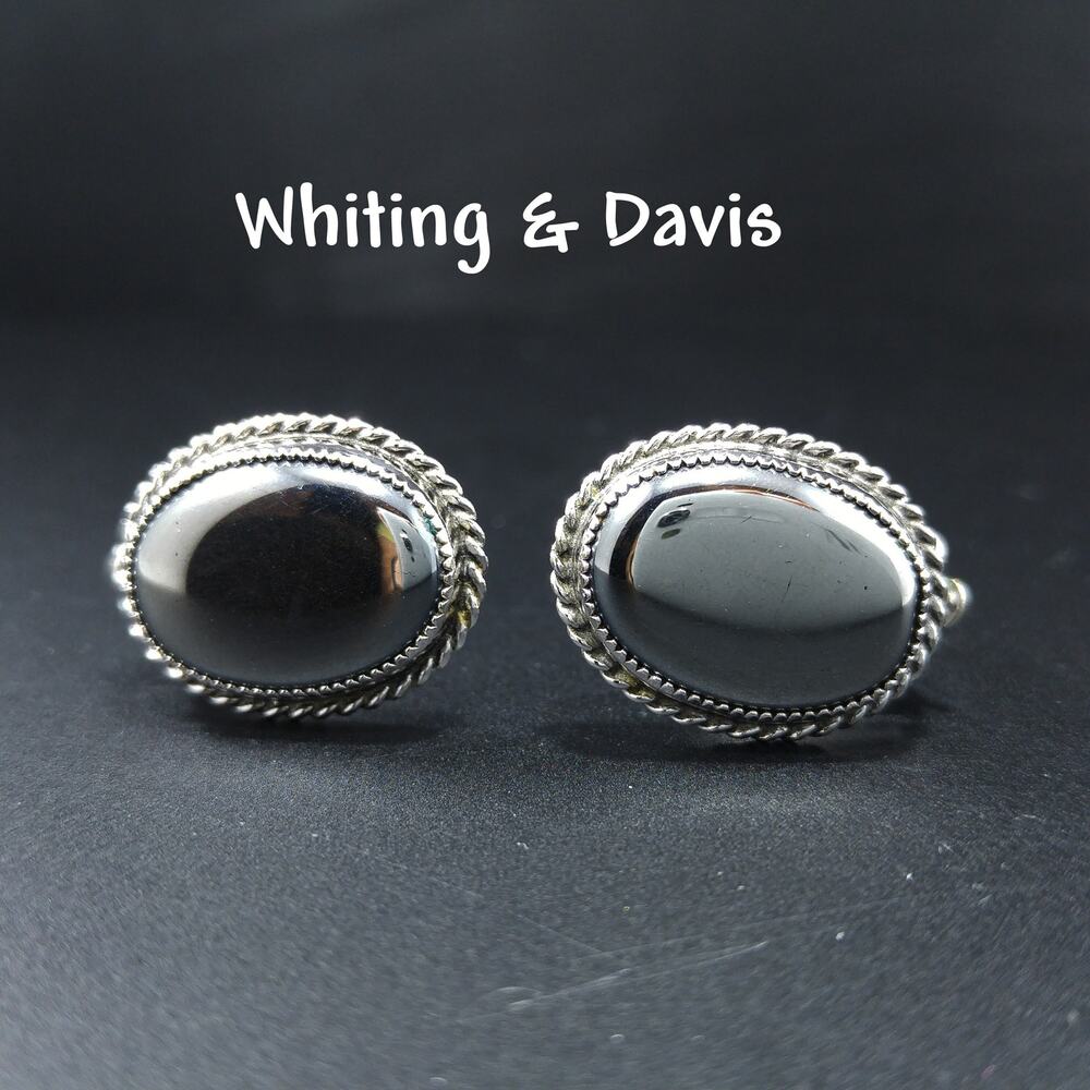 Vintage Whiting Davis Hematite Clip Earrings Silver Tone Oval